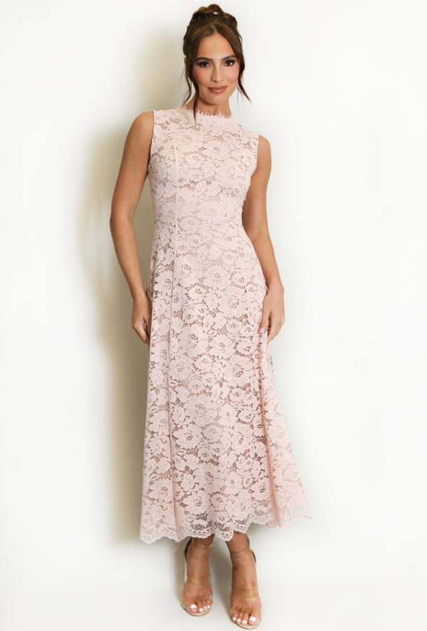 Pink Sleeveless Lace Maxi Dress