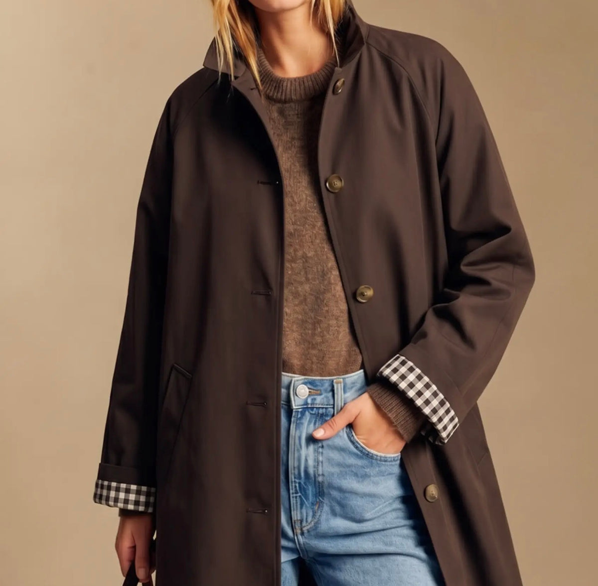 Brown Tuck Pleat Collar Trench Coat