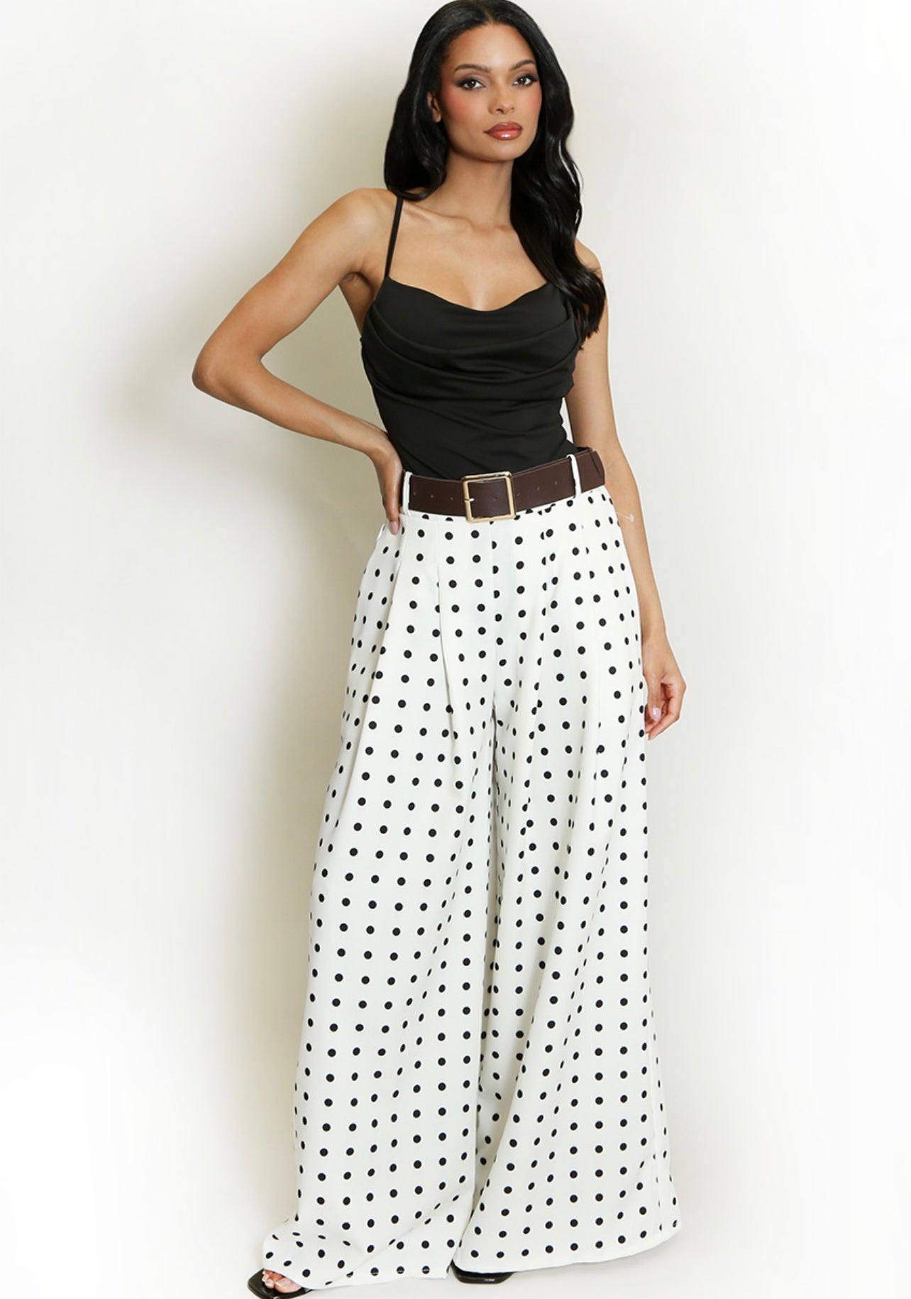 White Polka Dots Wide Leg Belted Trousers
