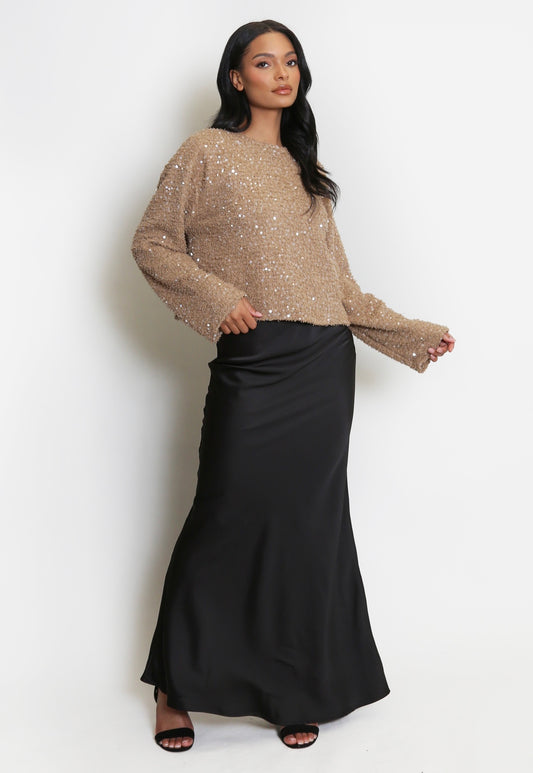 Beige Sequin Tweed Long Sleeve Top