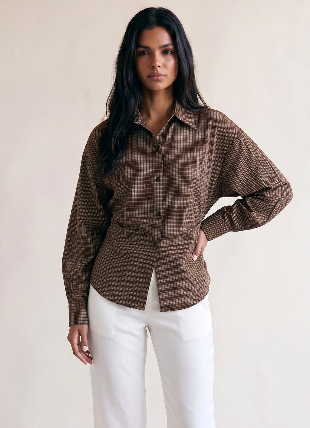 Brown Brown Check Gathered Back Blouse