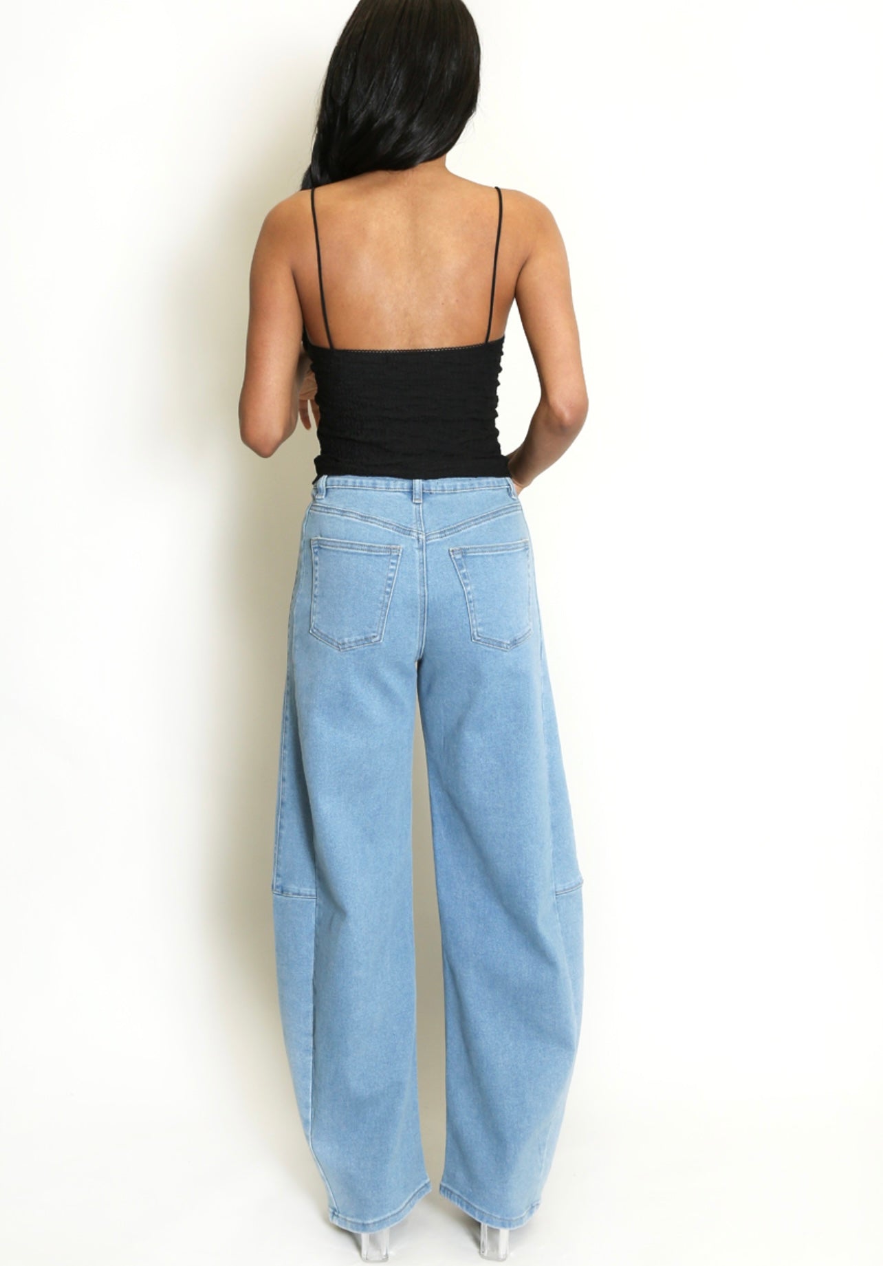 Mid Wash Paneled Barrel Jeans