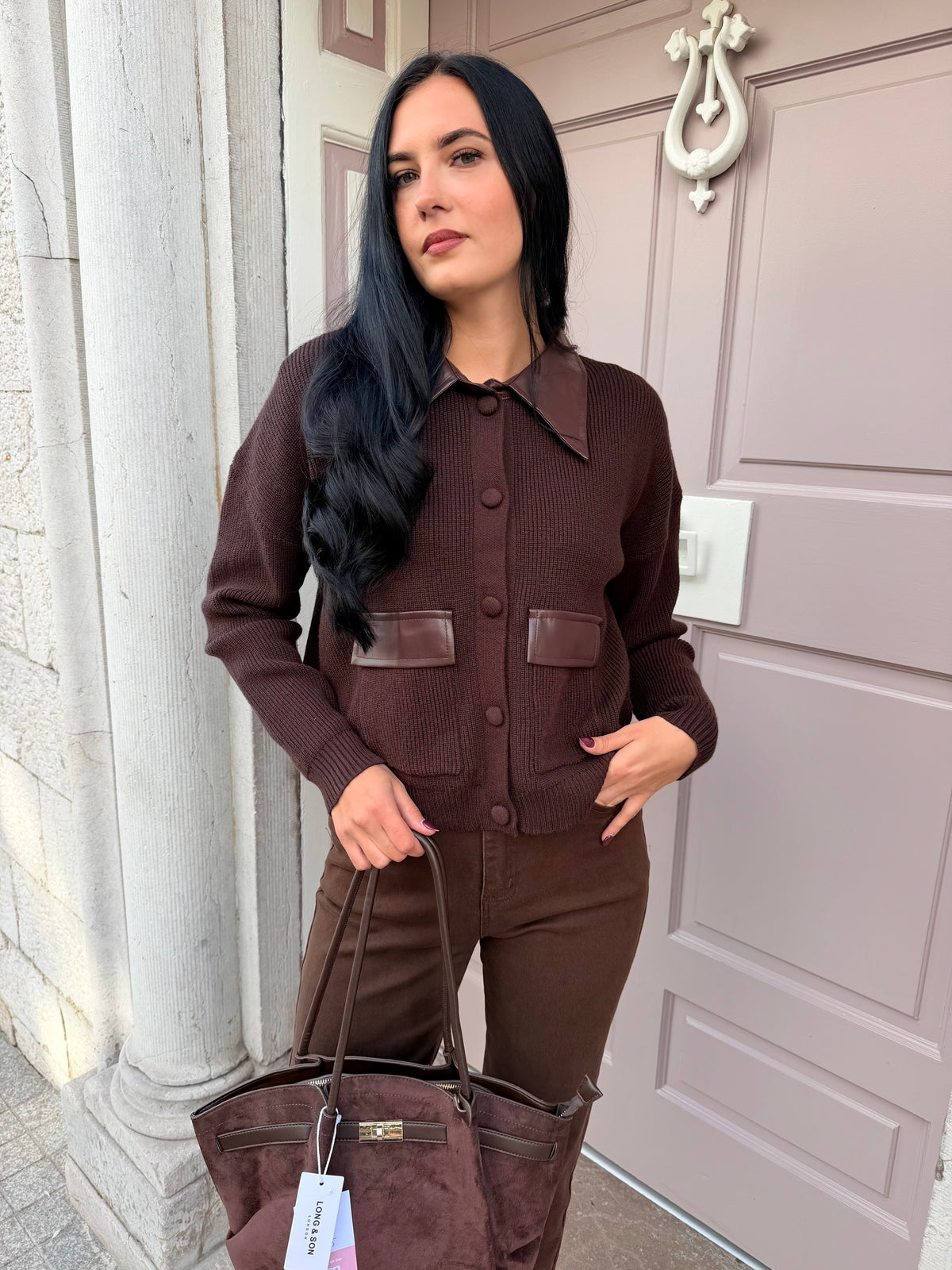 Brown Knitted Jumper With Brown Leather Collar And Pocket Detail