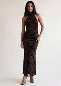 Brown Ruched Halter Neck Maxi Dress