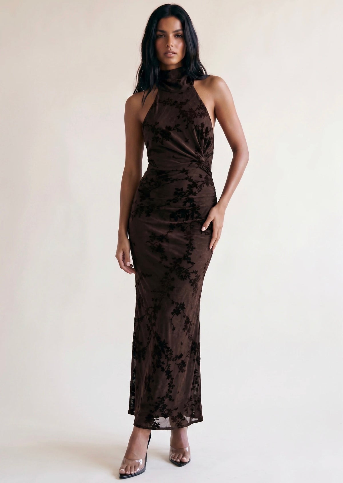 Brown Ruched Halter Neck Maxi Dress