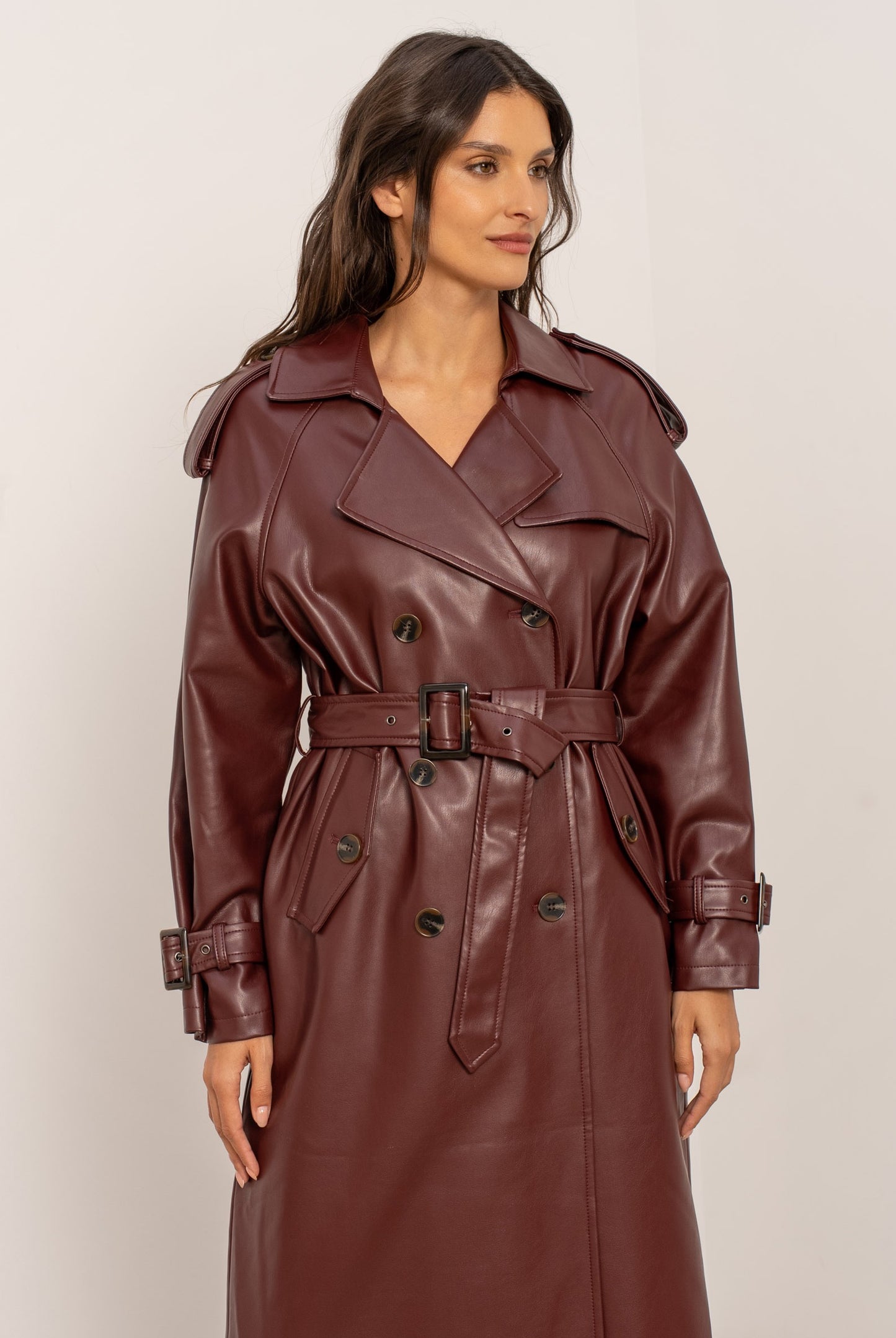 Burgundy PU Long Trench Coat
