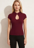 Burgundy Keyhole Mandarin Collar Top