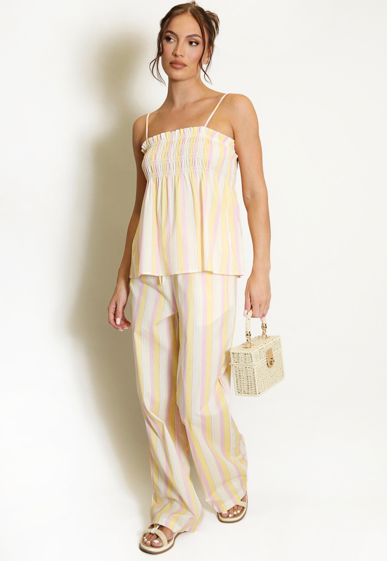 Lemon Stripes Shirred Top and Trouser Set