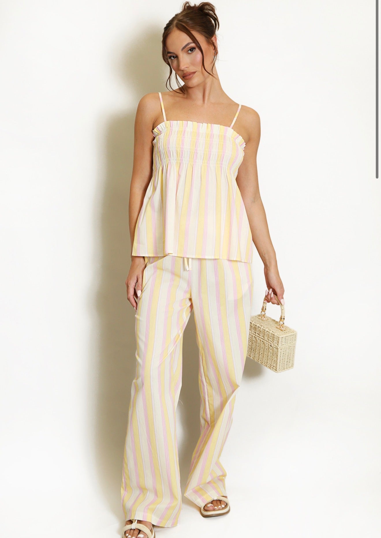 Lemon Stripes Shirred Top and Trouser Set