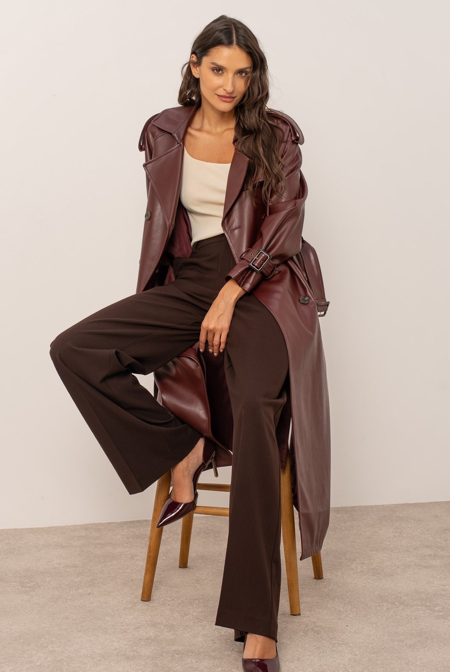 Burgundy PU Long Trench Coat