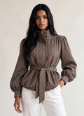 Wine Checkered Balloon Sleeve Jacket
