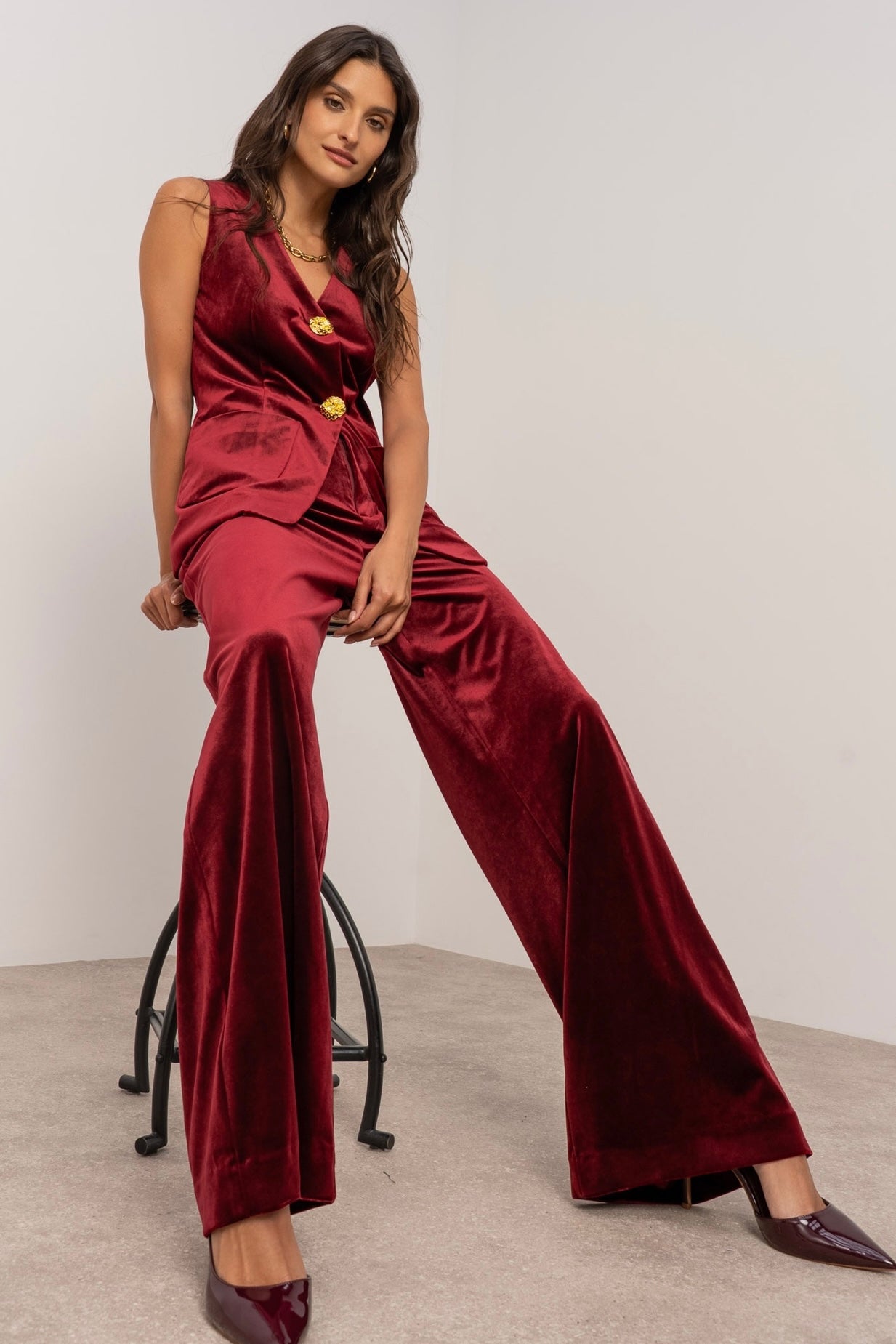 Burgundy Velvet V Neck Waistcoat with Statement Buttons