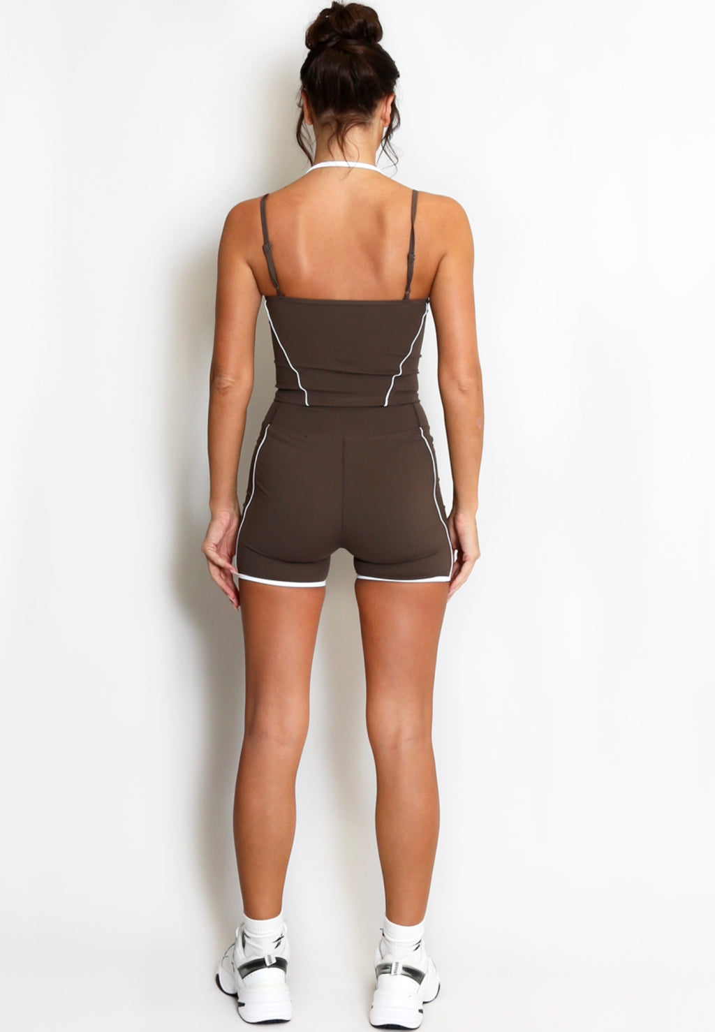 Brown Double Strap Contrast Piping Vest And Shorts Set