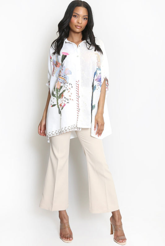 White Oversized Linen Look Floral Print Blouse