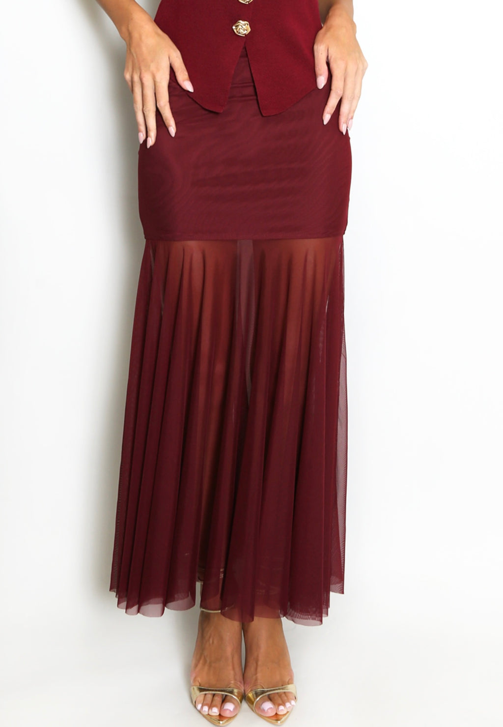 Wine Panelled Mesh Hem Maxi Skirt
