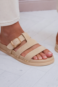 Beige Suede Buckle Strap Slip On Sandals