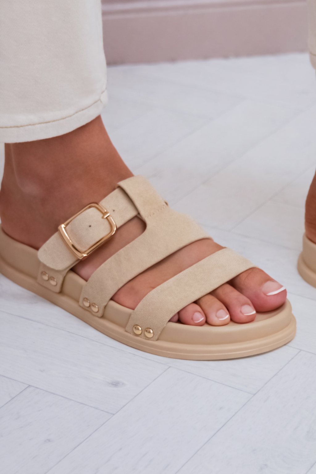 Beige Suede Buckle Strap Slip On Sandals