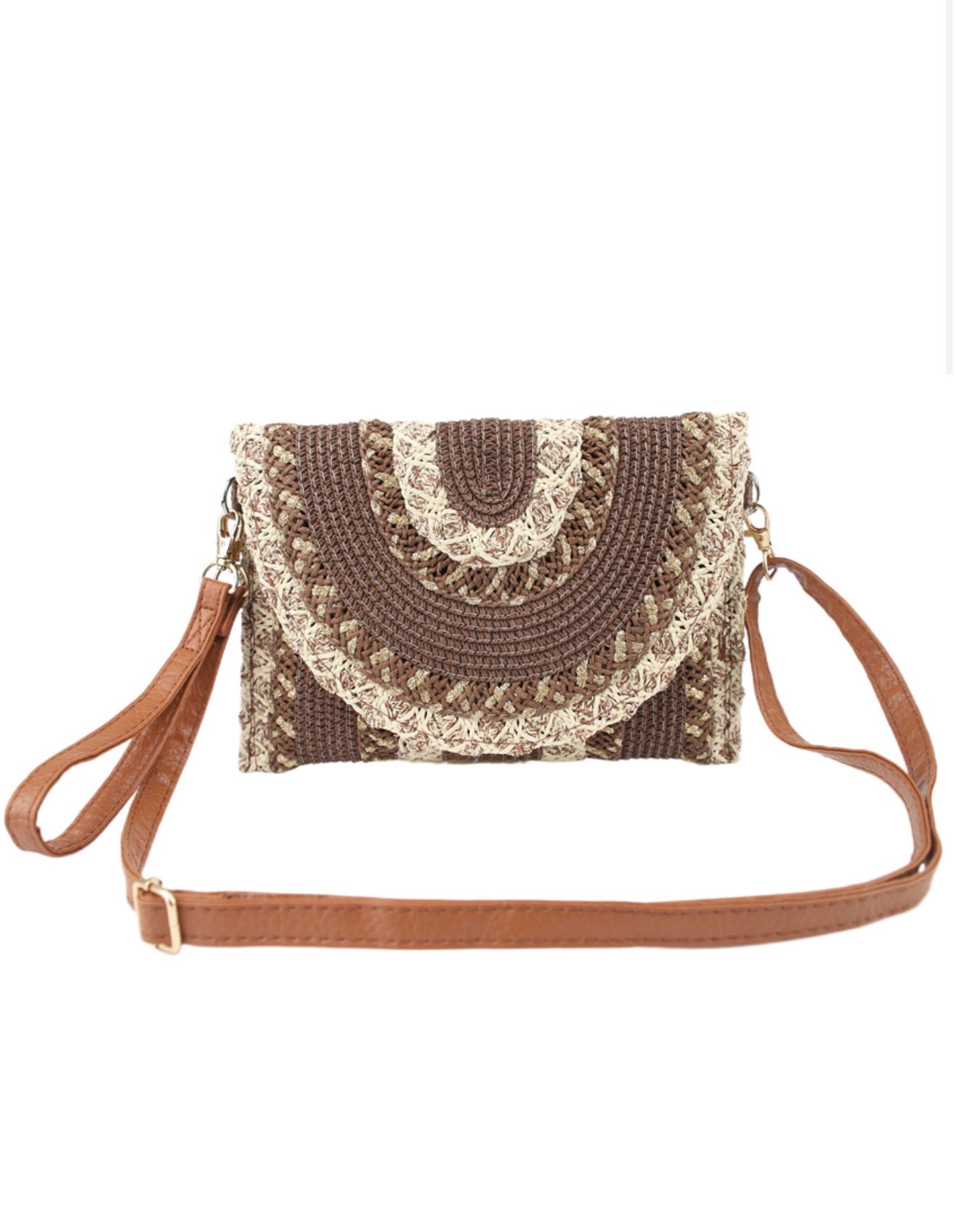 Brown Natural Woven Fold Over Clutch Bag