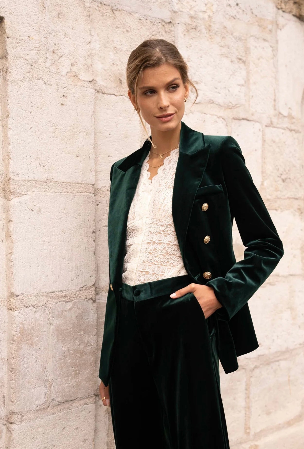 Green Velvet Double Breast Golden Button Blazer