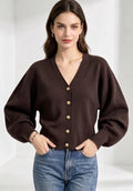 Brown Balloon Sleeve V-Neck Cardigan