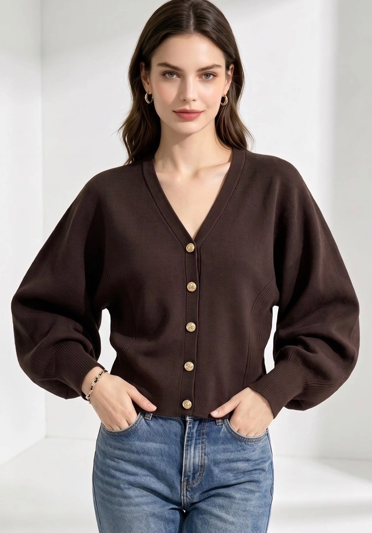 Brown Balloon Sleeve V-Neck Cardigan