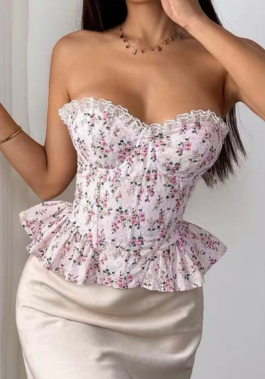 Pink Floral Peplum Corset Top