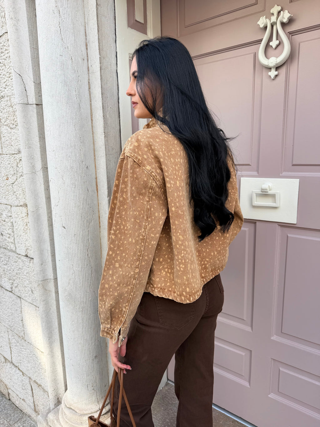 Camel Dear Print Denim Jacket