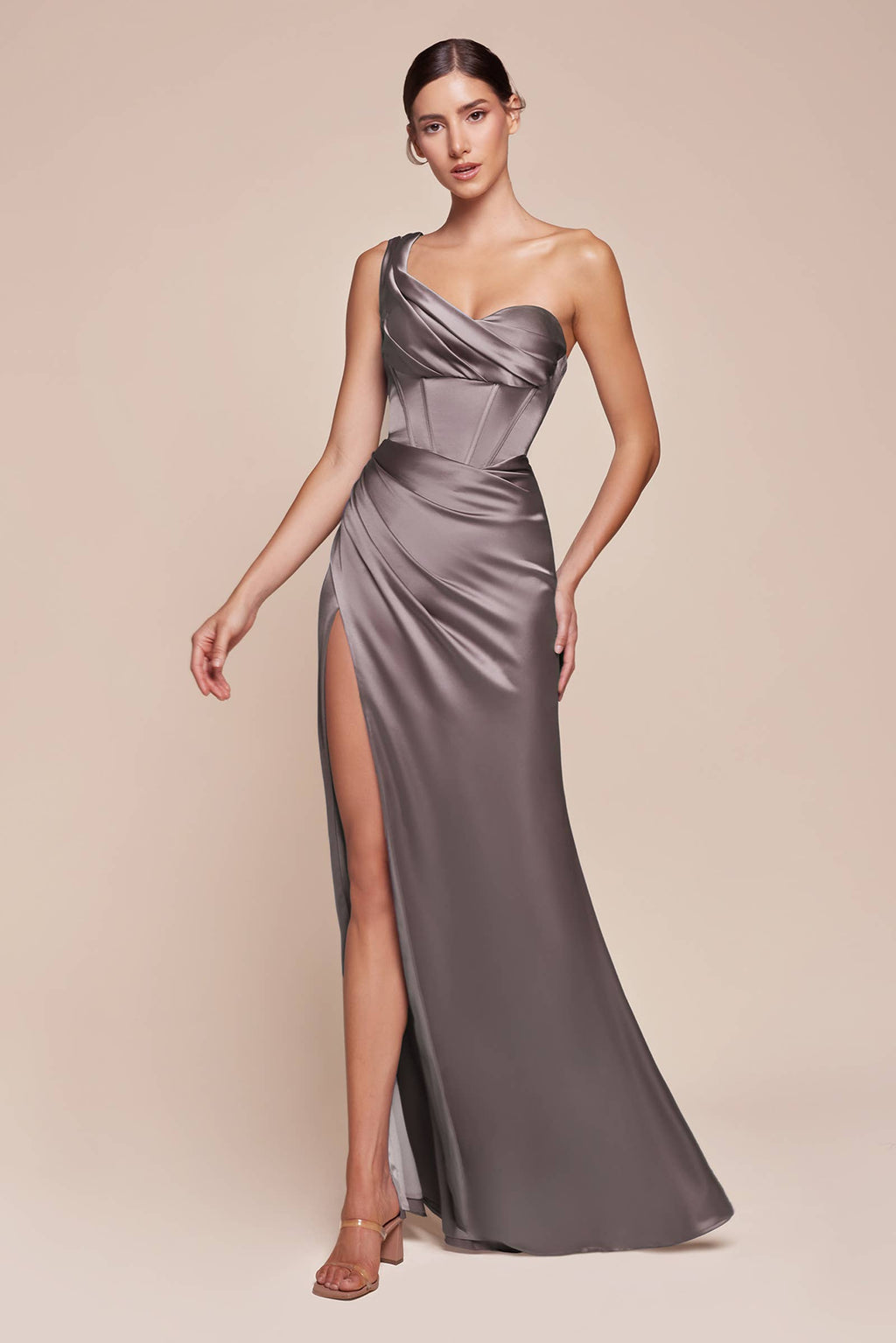 ONE SHOULDER SATIN CORSET GOWN
: Espresso / 10