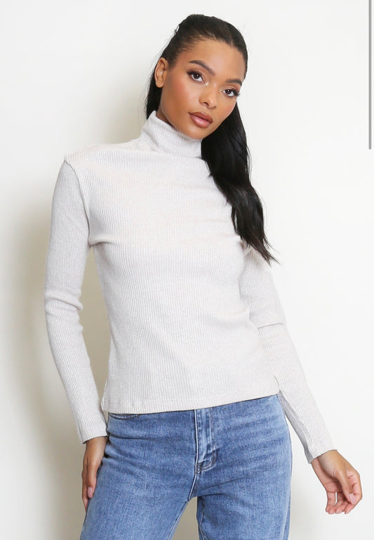 Beige Metallic Polo Neck Fine Knit Jumper