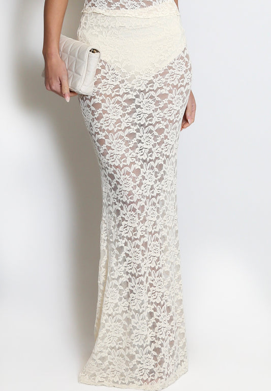 Cream Sheer Floral Lace Maxi Skirt