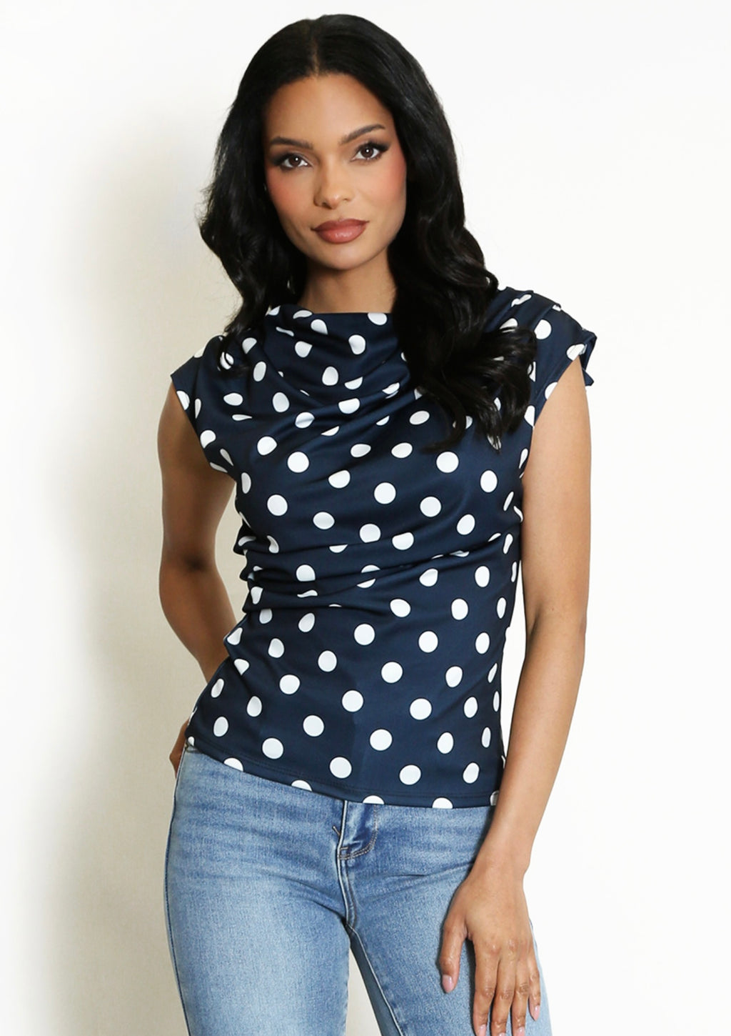 Navy Polka Dots Ruched Blouse
