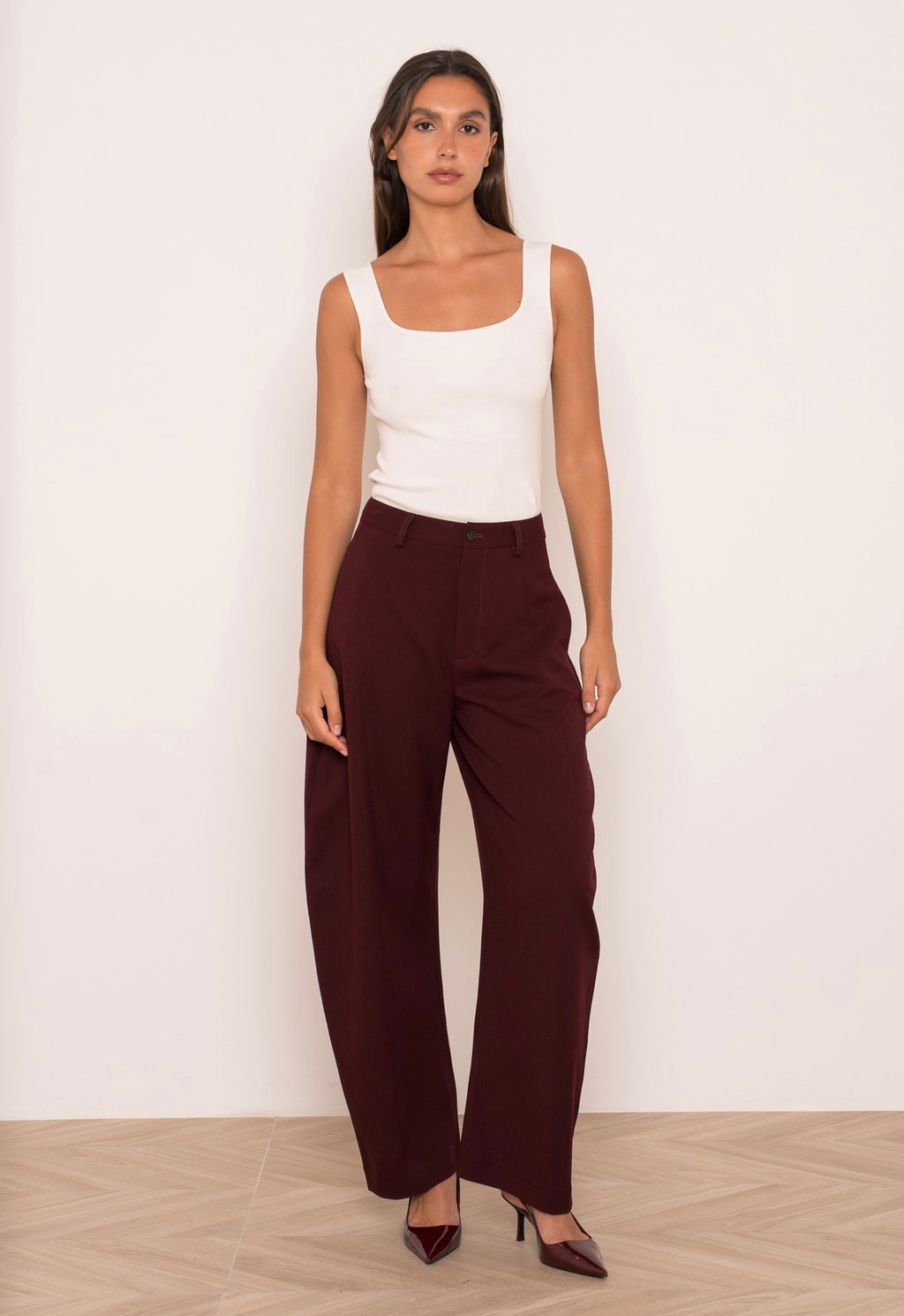 Burgundy High Waist Barrel Trousers