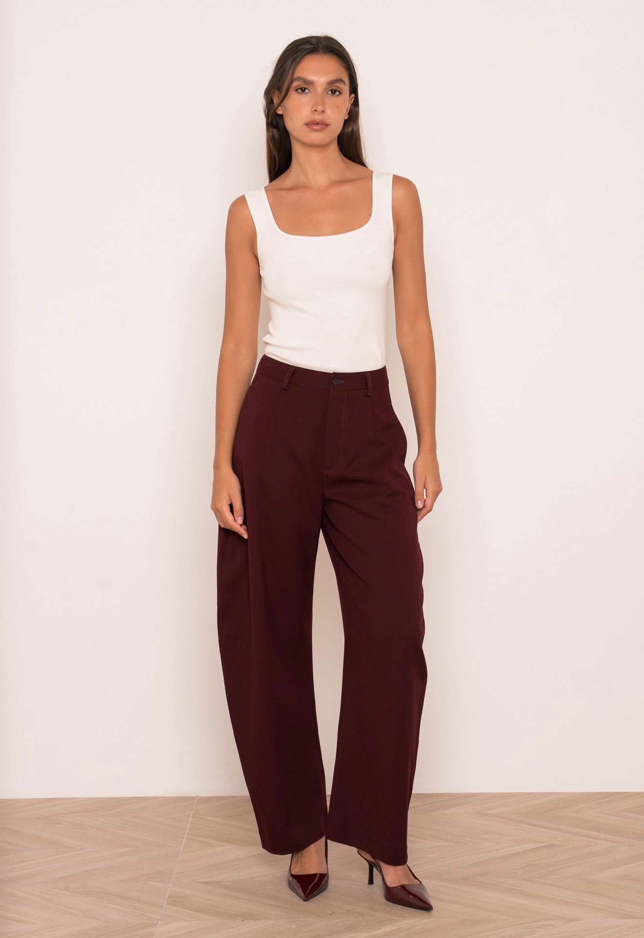 Burgundy High Waist Barrel Trousers