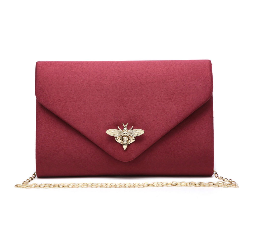 Suede Clutch Bag with Bee Shaped Clasp