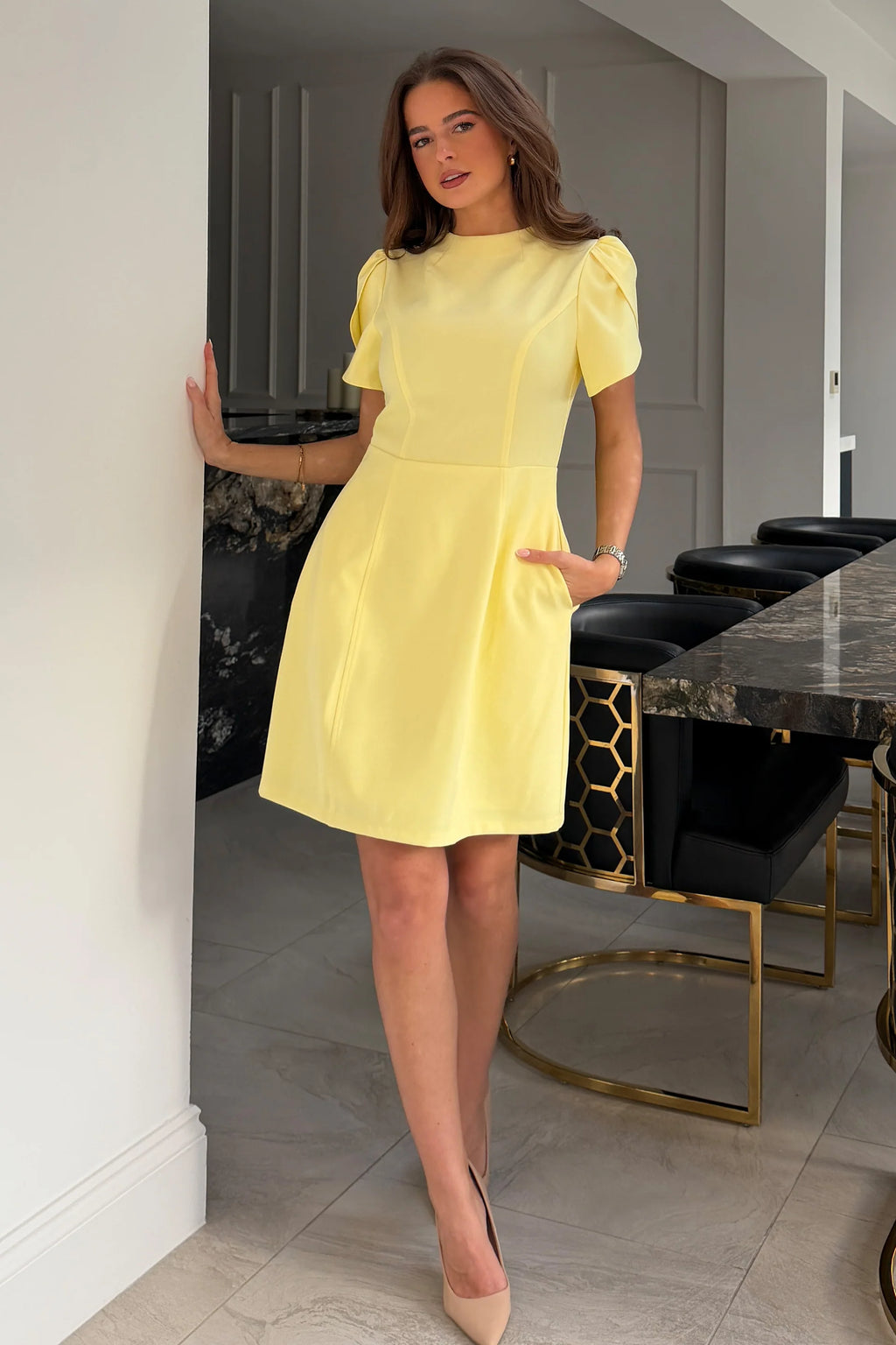 Ami Tulip Sleeve High Neck Mini Dress Yellow