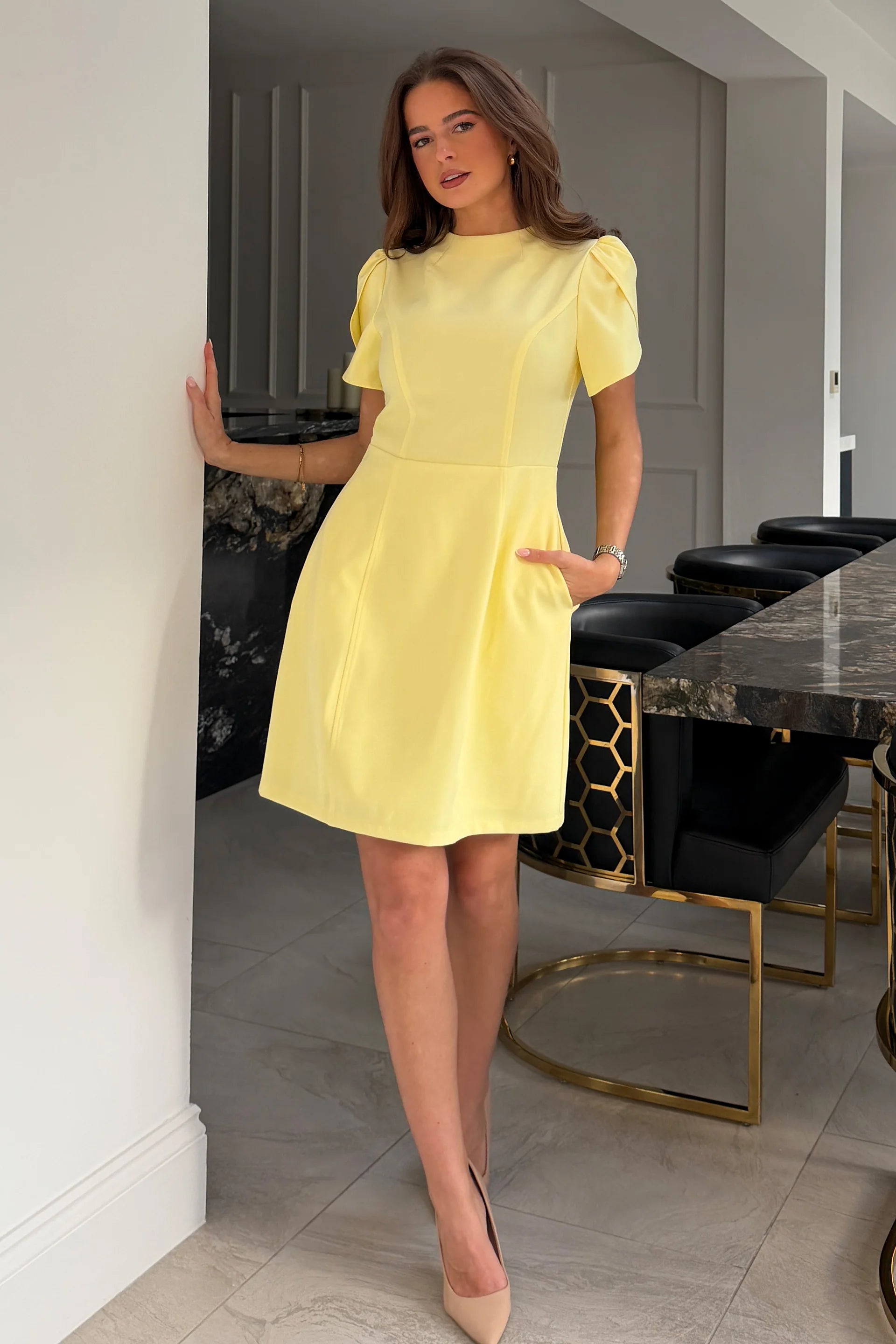 Ami Tulip Sleeve High Neck Mini Dress Yellow