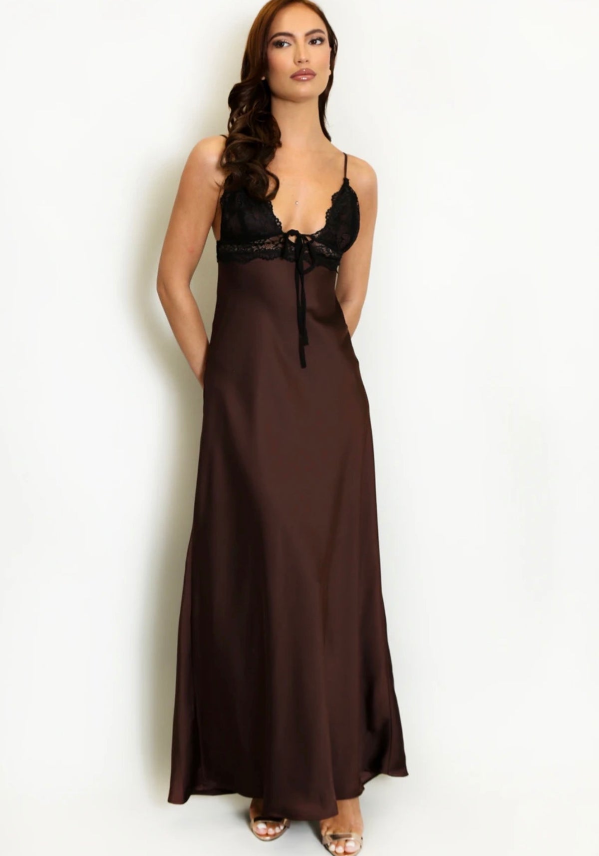 Brown Lace Bodice Satin Maxi Dress