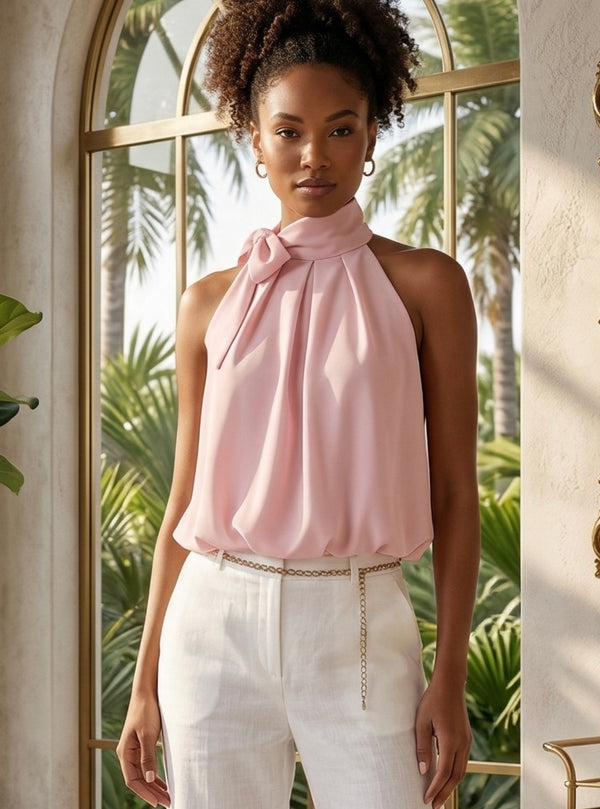 Pink Bow Neck Balloon Hem Blouse