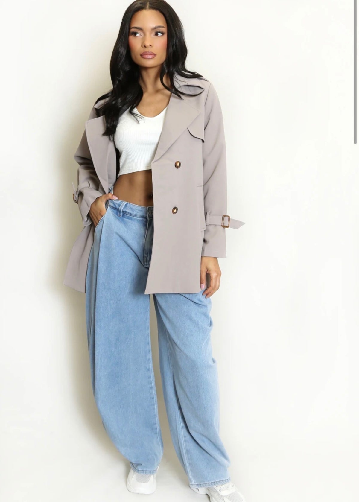 Taupe Short Trench Coat With Belt