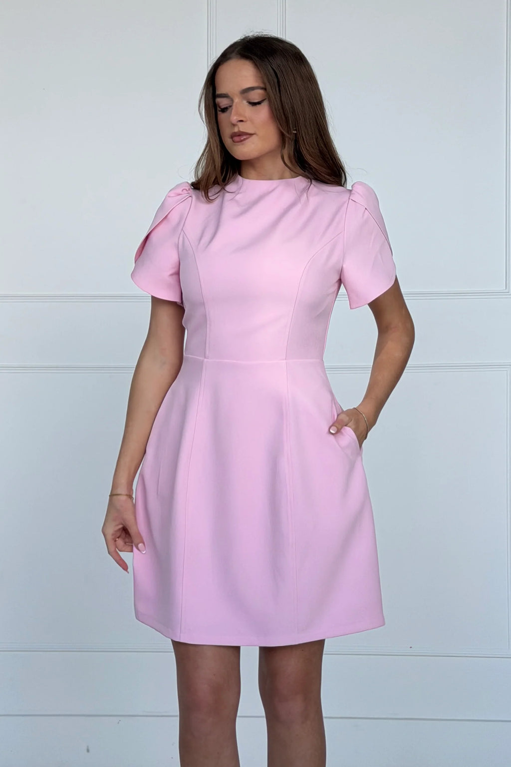Pink Ami Tulip Sleeve High Neck Mini Dress