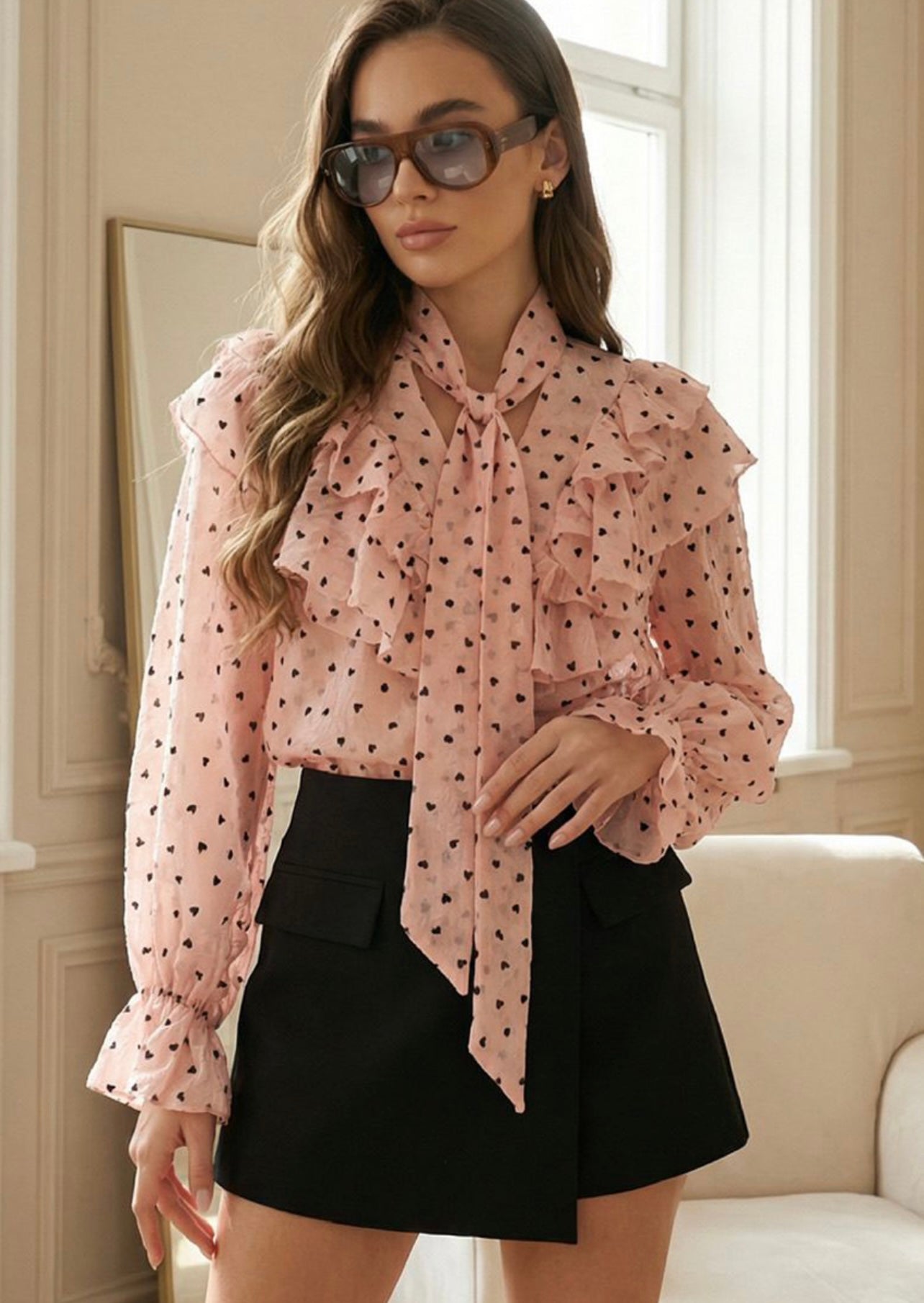 Pink Hearts Print Tie Neck Chiffon Blouse
