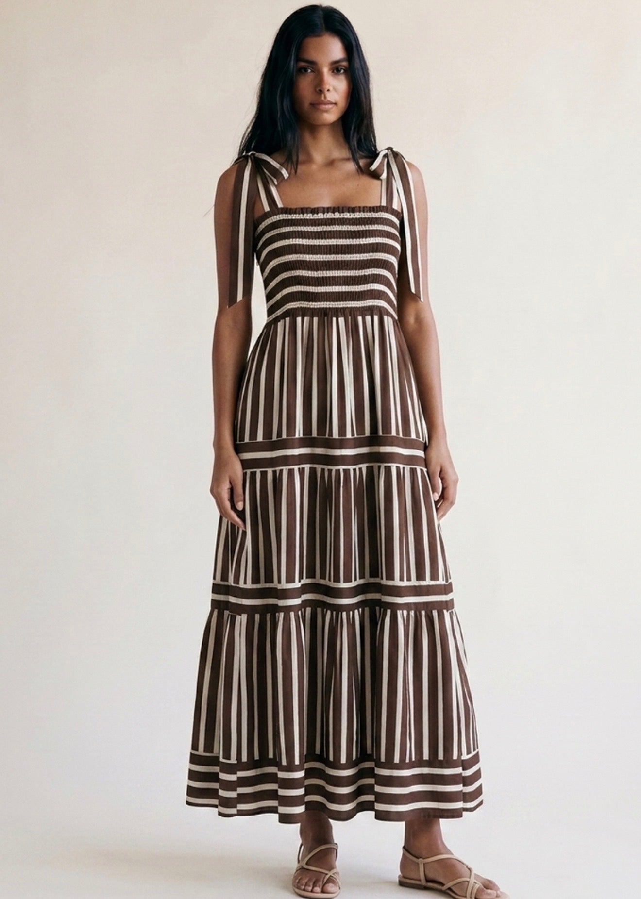 Brown Striped Shirred Maxi Dress
