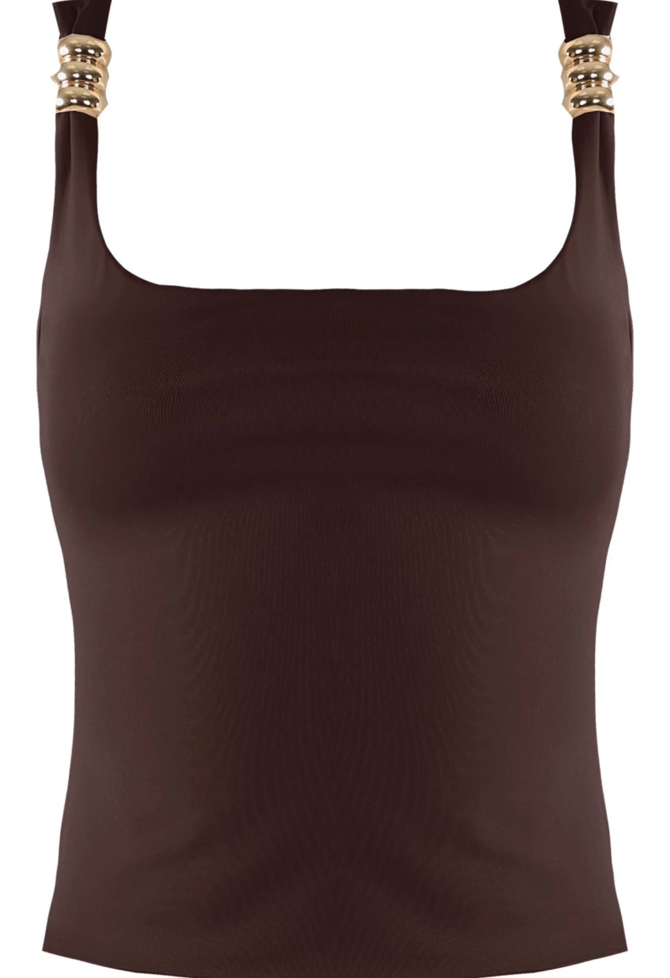 Brown Metal Detail Square Neck Top