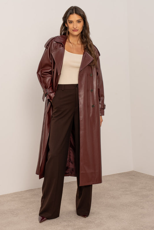 Burgundy PU Long Trench Coat