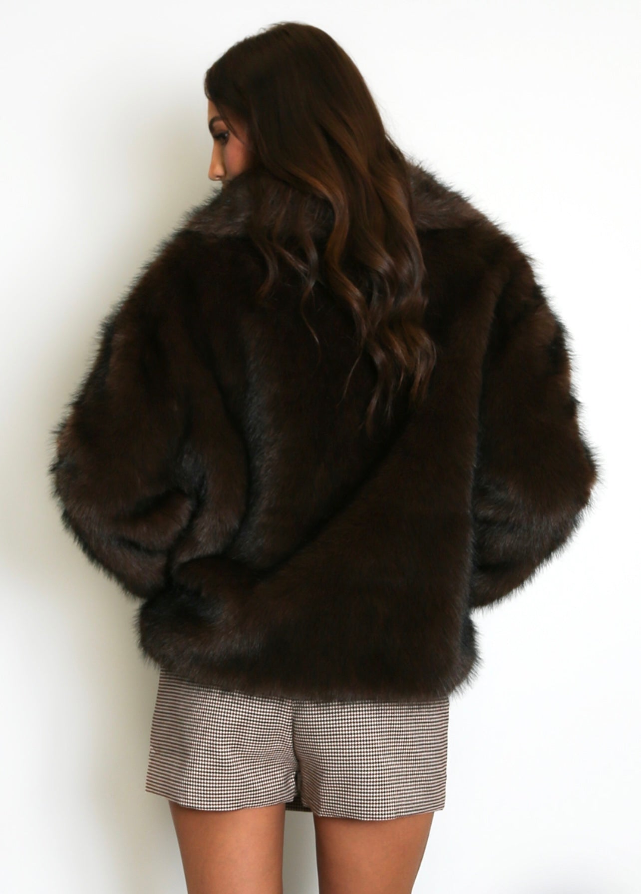 Brown Oversized Lapel Faux Fur Jacket