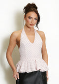 Pink Polka Dots Bubble Hem Halterneck Blouse