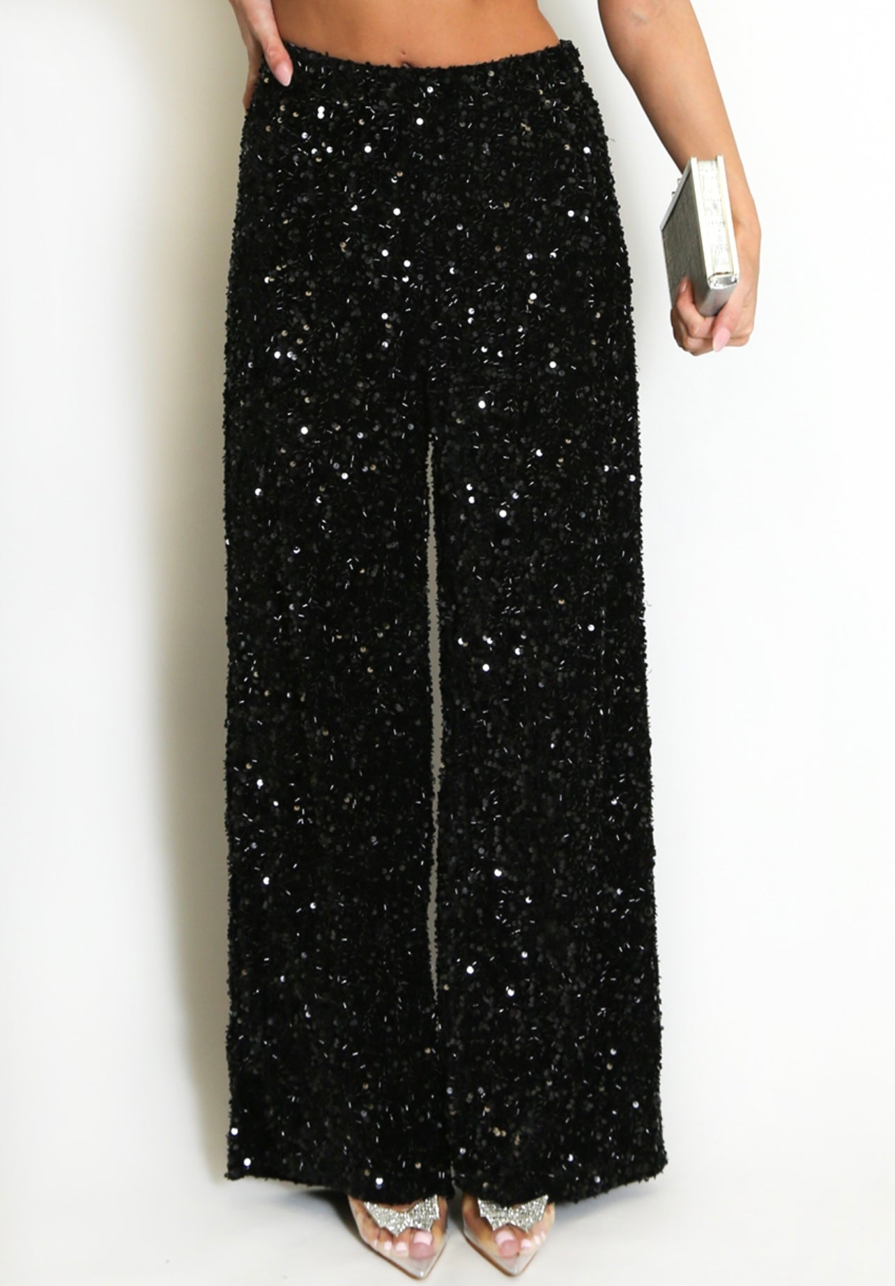 Black Sequin High Waisted Wide Leg Trouser