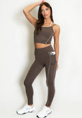 Brown Gym Vest And Legging Set With Piping