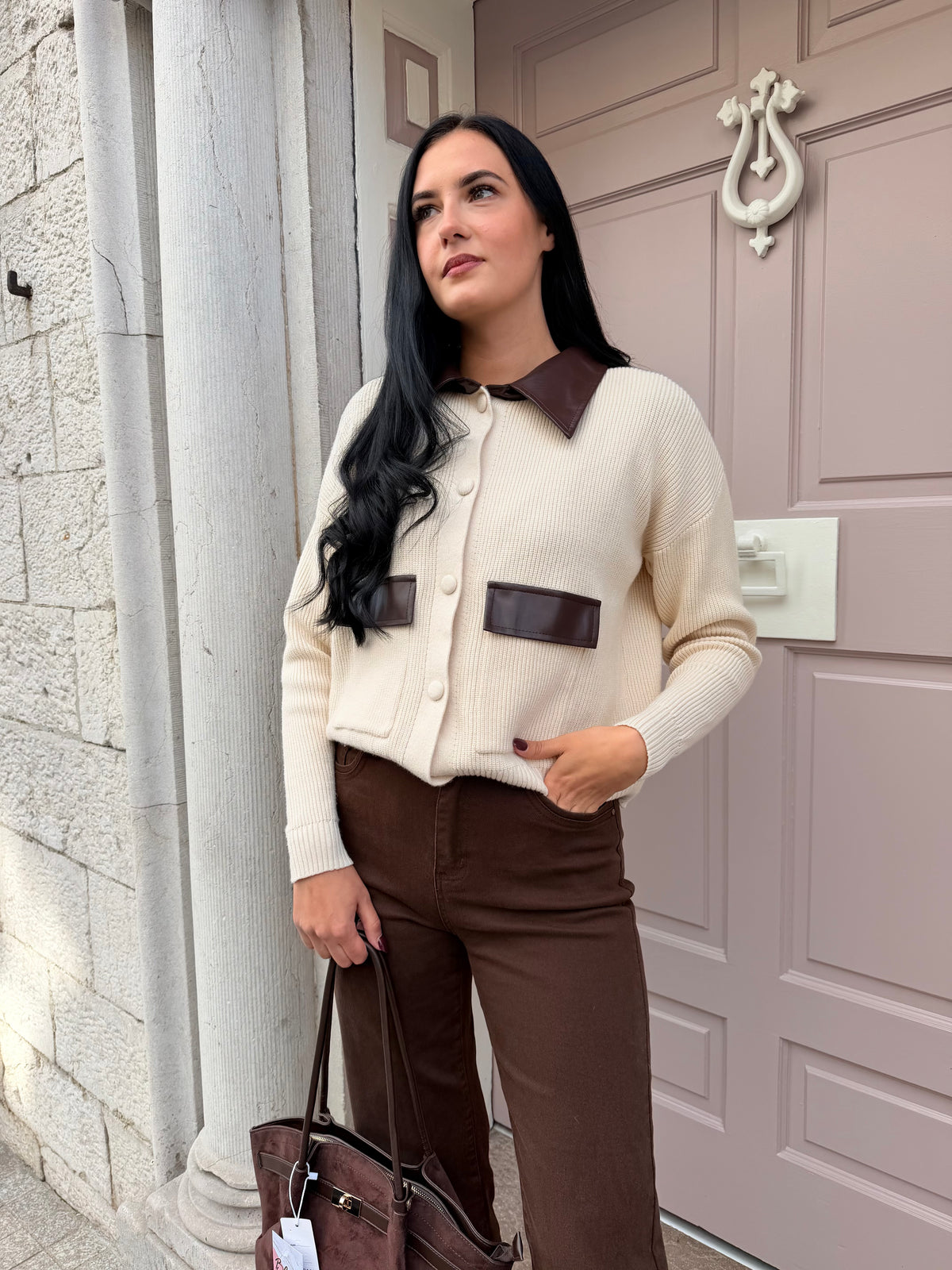 Knitted Jumper With Brown Leather Collar And Pocket Detail