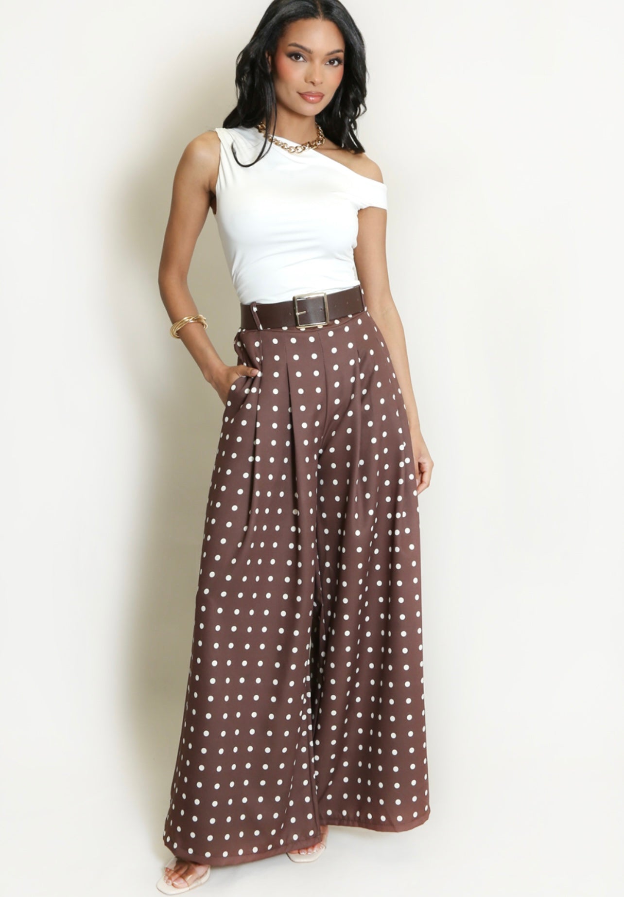 Brown Polka Dots Wide Leg Belted Trousers